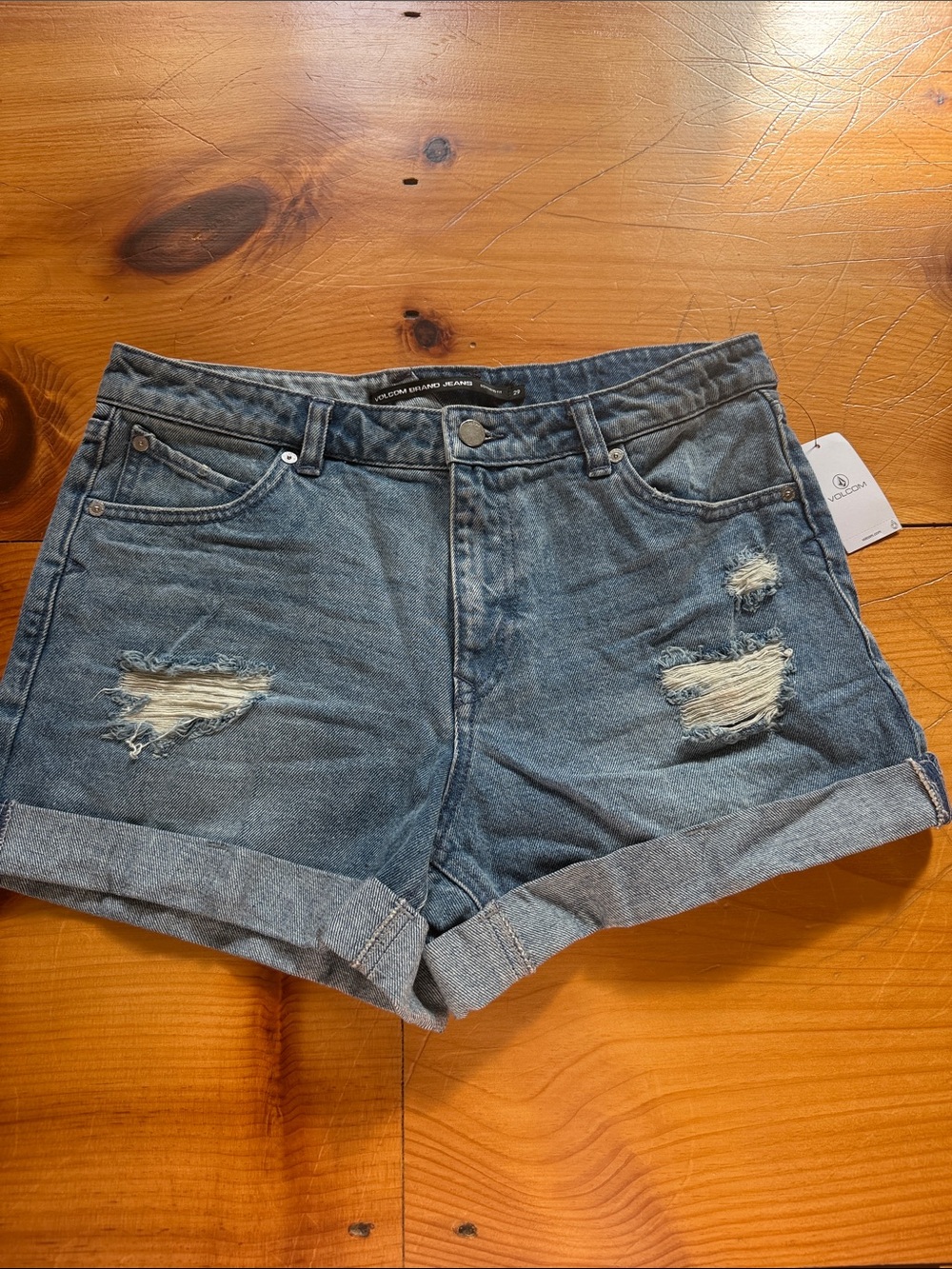 Volcom Rolled Cuff Distressed Denim Shorts - Blue
